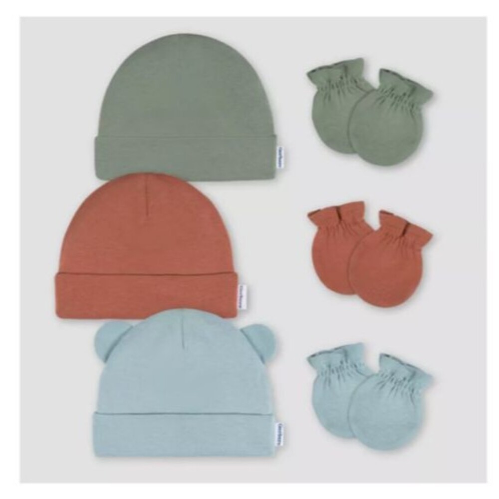Baby 6pk Hat & Mitten Set - Blue: Cotton Knit, Elastic Cuffs, 0-6 Months